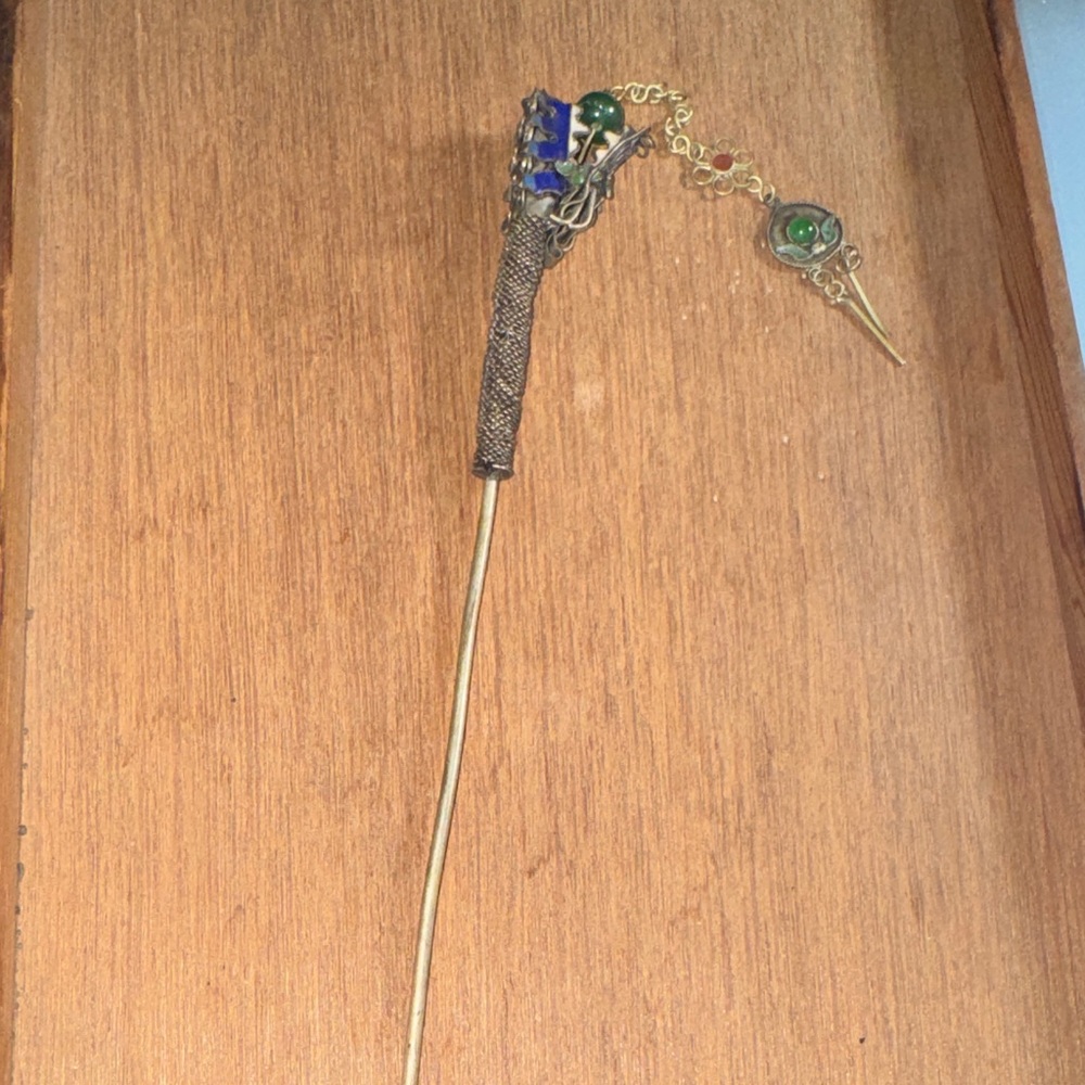 Rare Antique Chinese Cloisonné Dragon Buyao Hairpin with Enamel & Jade Accents